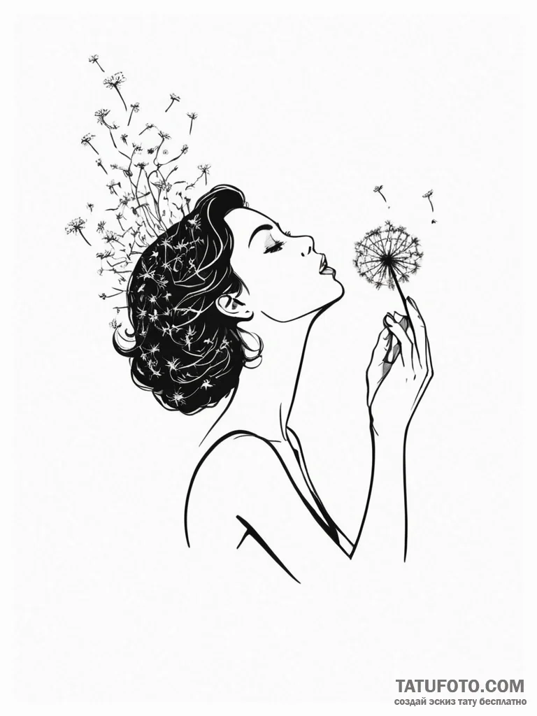Tattoo sketch a silhouette of a woman blowing... - эскиз тату (№1751112872_0, 28.06.2025 12:14) — Tatufoto.com