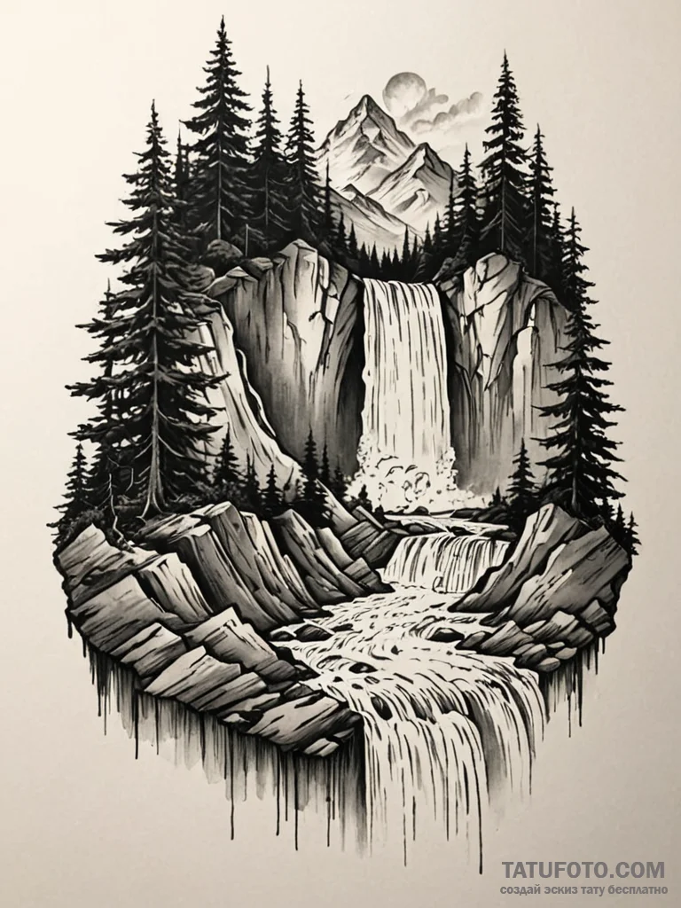 Tattoo design a powerful waterfall, constant... - эскиз тату (№1751113266_0, 28.06.2025 12:21) — Tatufoto.com