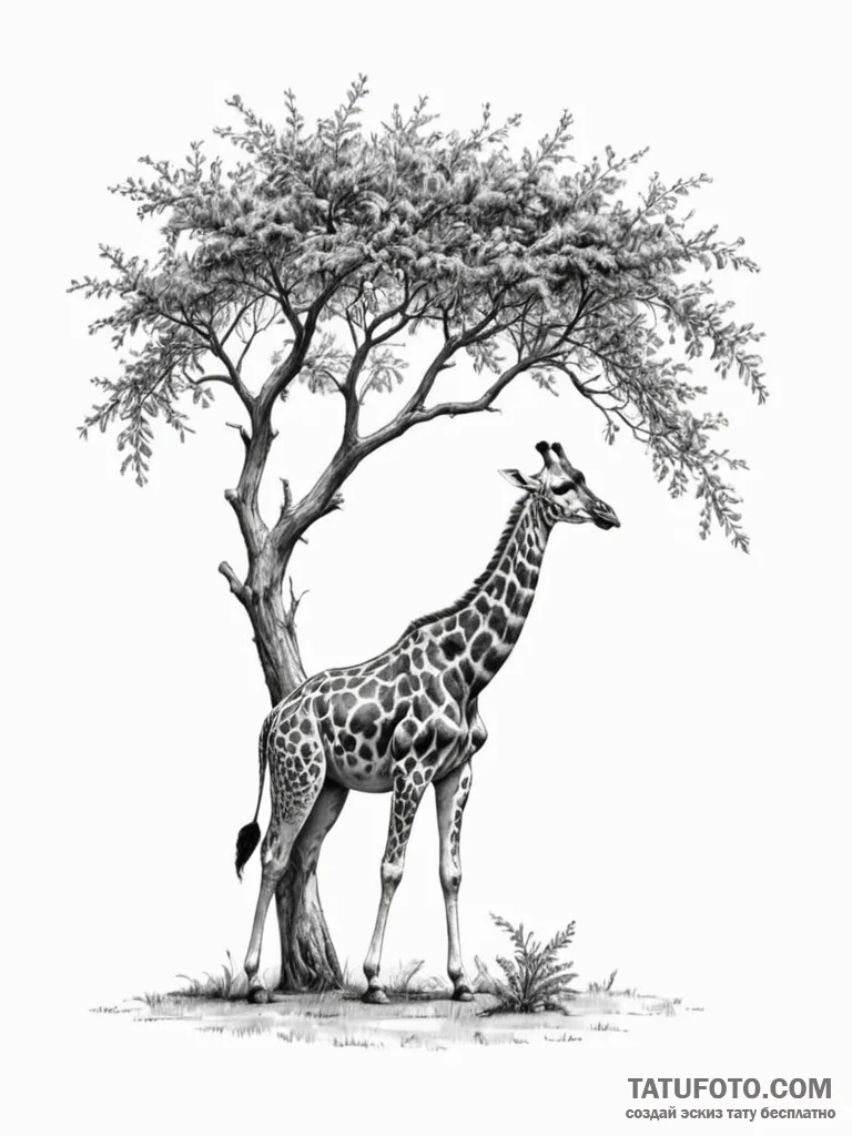 A giraffe gracefully eating leaves from a tal... - эскиз тату (№1751113351_0, 28.06.2025 12:22) — Tatufoto.com