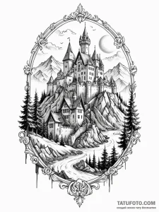 Tattoo design a medieval village with a castl… — эскиз тату (№1751113576_0, 28.06.2025 12:26) — Tatufoto.com