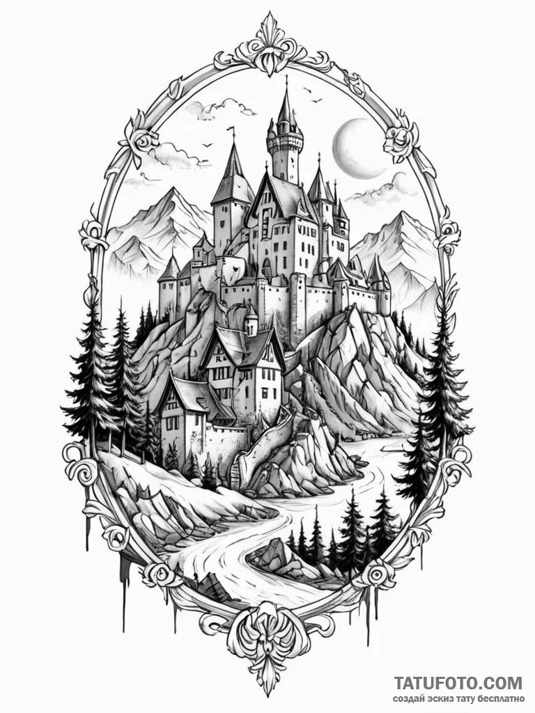 Tattoo design a medieval village with a castl... - эскиз тату (№1751113576_0, 28.06.2025 12:26) — Tatufoto.com