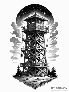 Tattoo sketch a stylized watchtower standing… — эскиз тату (№1751114137_0, 28.06.2025 12:35) — Tatufoto.com