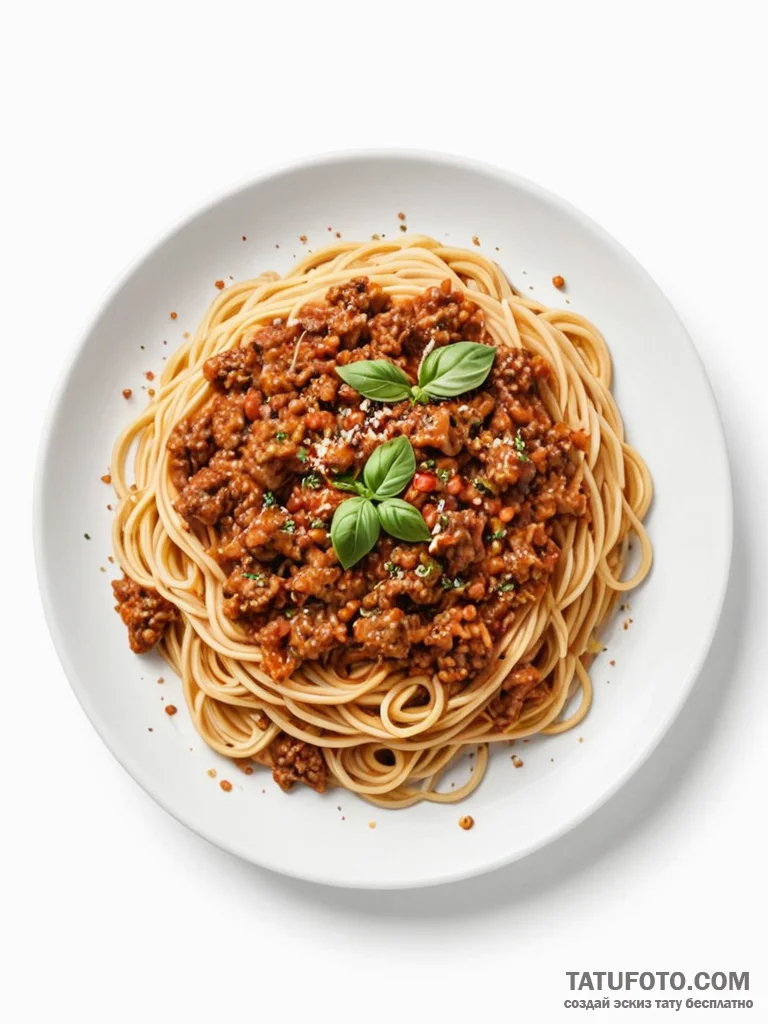 A messy, half-eaten plate of spaghetti bologn... - эскиз тату (№1751114384_0, 28.06.2025 12:39) — Tatufoto.com