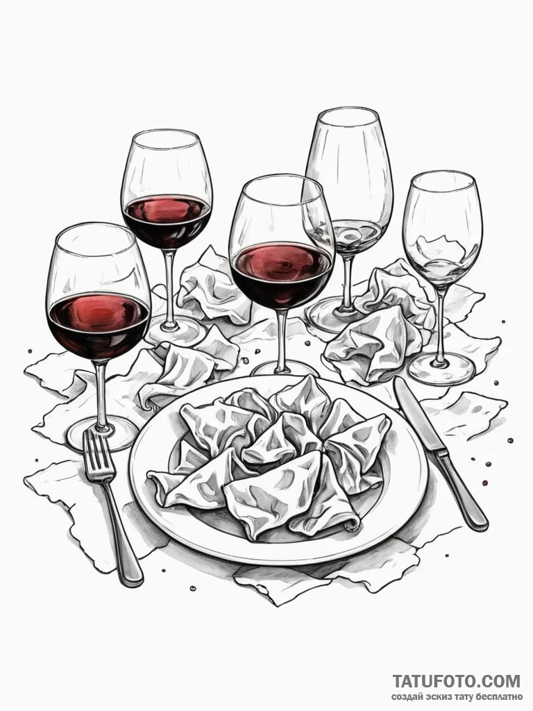 The aftermath of a dinner party, with messy p... - эскиз тату (№1751115307_0, 28.06.2025 12:55) — Tatufoto.com