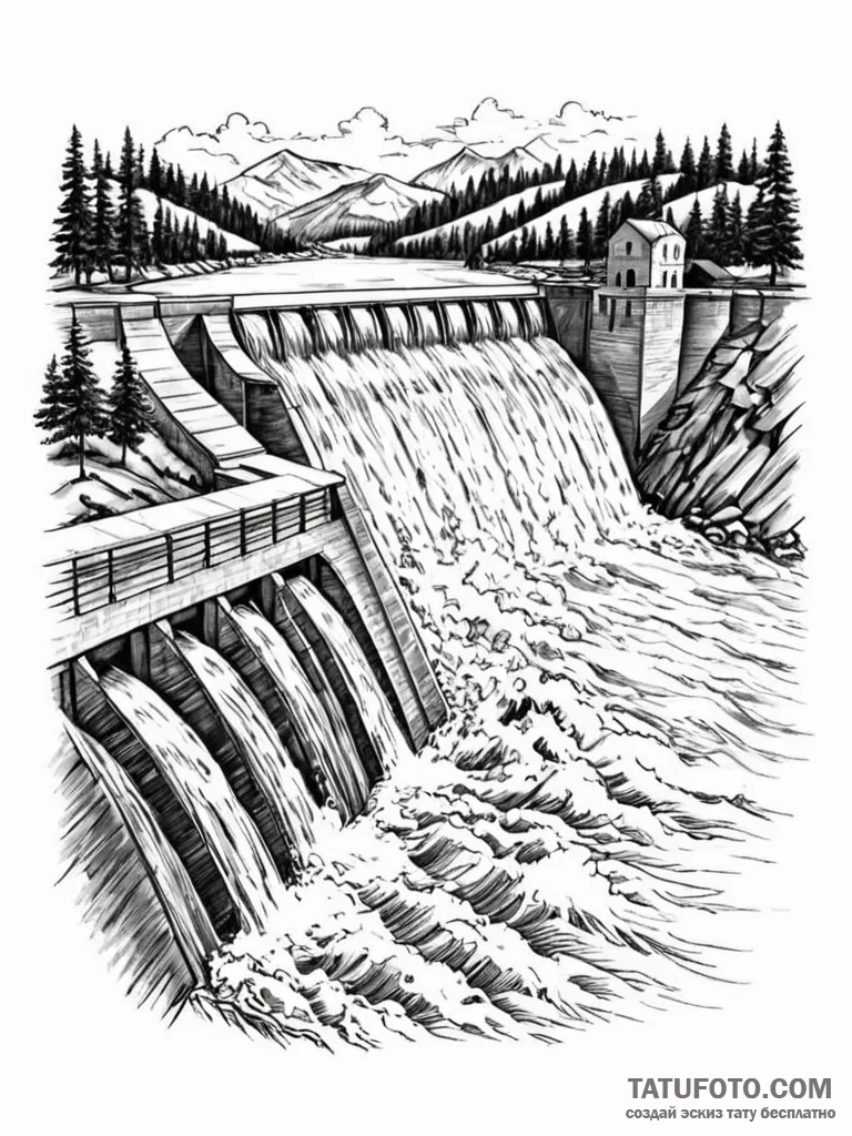 A shot of a hydroelectric dam, water powerful... - эскиз тату (№1751117604_0, 28.06.2025 13:33) — Tatufoto.com