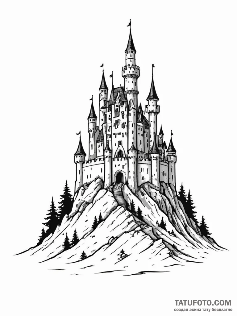 Tattoo sketch a pixelated castle silhouette o... - эскиз тату (№1751122954_0, 28.06.2025 15:02) — Tatufoto.com