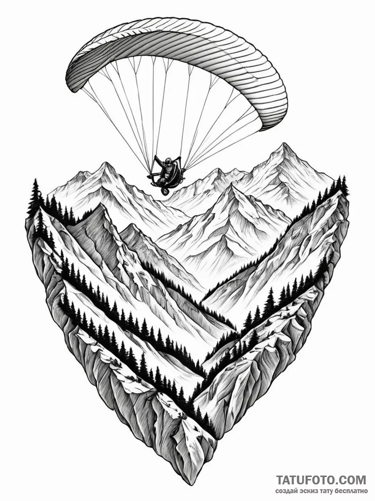 A paraglider soaring over a mountainous valle... - эскиз тату (№1751123975_0, 28.06.2025 15:19) — Tatufoto.com