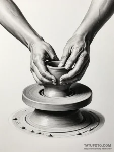 A pottery wheel in motion, clay being shaped... - эскиз тату (№1751124472_0, 28.06.2025 15:27) — Tatufoto.com
