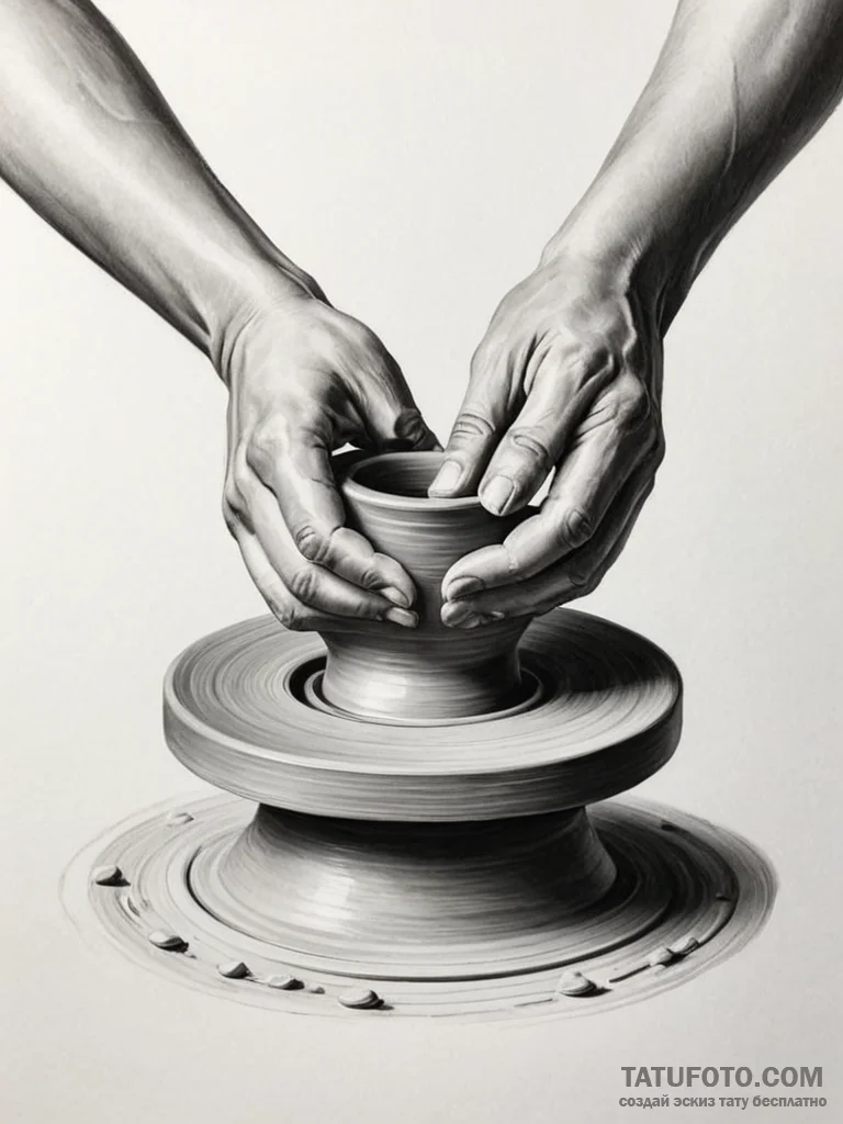 A pottery wheel in motion, clay being shaped... - эскиз тату (№1751124472_0, 28.06.2025 15:27) — Tatufoto.com