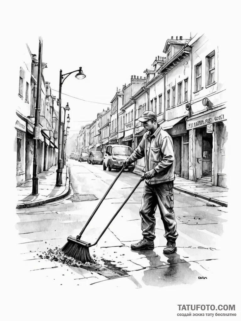 A street sweeper cleaning a city street in th... - эскиз тату (№1751124800_0, 28.06.2025 15:33) — Tatufoto.com