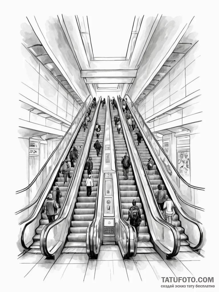 People commuting on the escalators of a moder... - эскиз тату (№1751127498_0, 28.06.2025 16:18) — Tatufoto.com