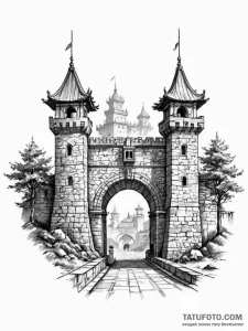 Tattoo sketch a fortified city gate, symboliz... - эскиз тату (№1751127585_0, 28.06.2025 16:19) — Tatufoto.com