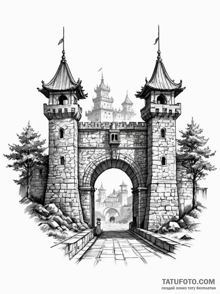 Tattoo sketch a fortified city gate, symboliz... - эскиз тату (№1751127585_0, 28.06.2025 16:19) — Tatufoto.com