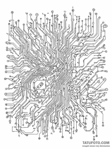 A close-up of a circuit board, showing the in... - эскиз тату (№1751128405_0, 28.06.2025 16:33) — Tatufoto.com
