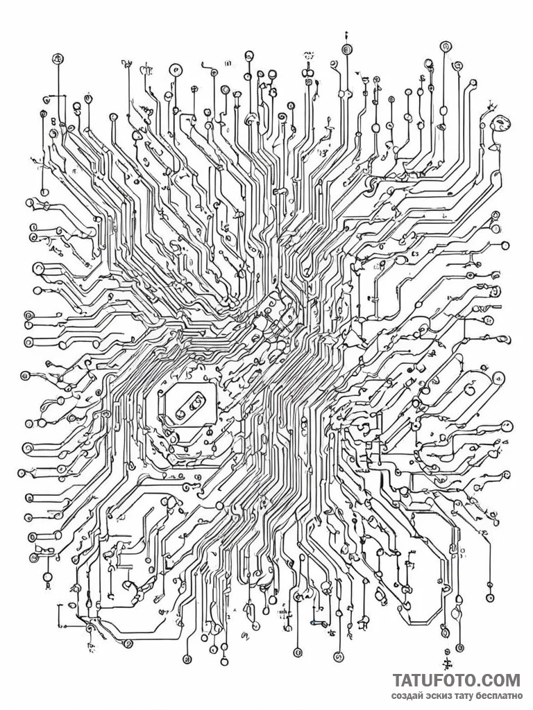 A close-up of a circuit board, showing the in... - эскиз тату (№1751128405_0, 28.06.2025 16:33) — Tatufoto.com