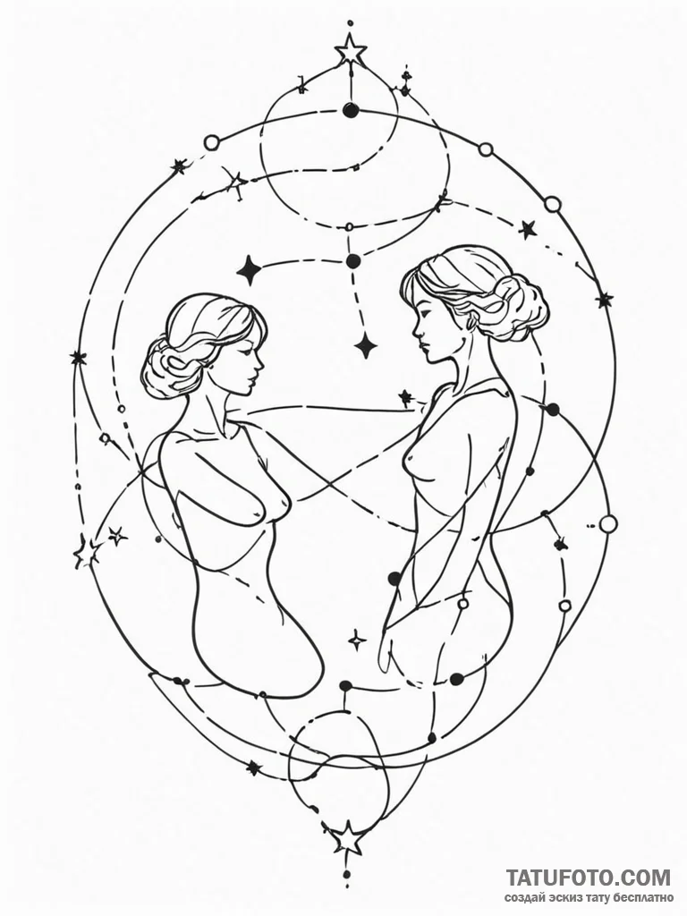 Tattoo sketch gemini constellation, lines con... - эскиз тату (№1751129065_0, 28.06.2025 16:44) — Tatufoto.com