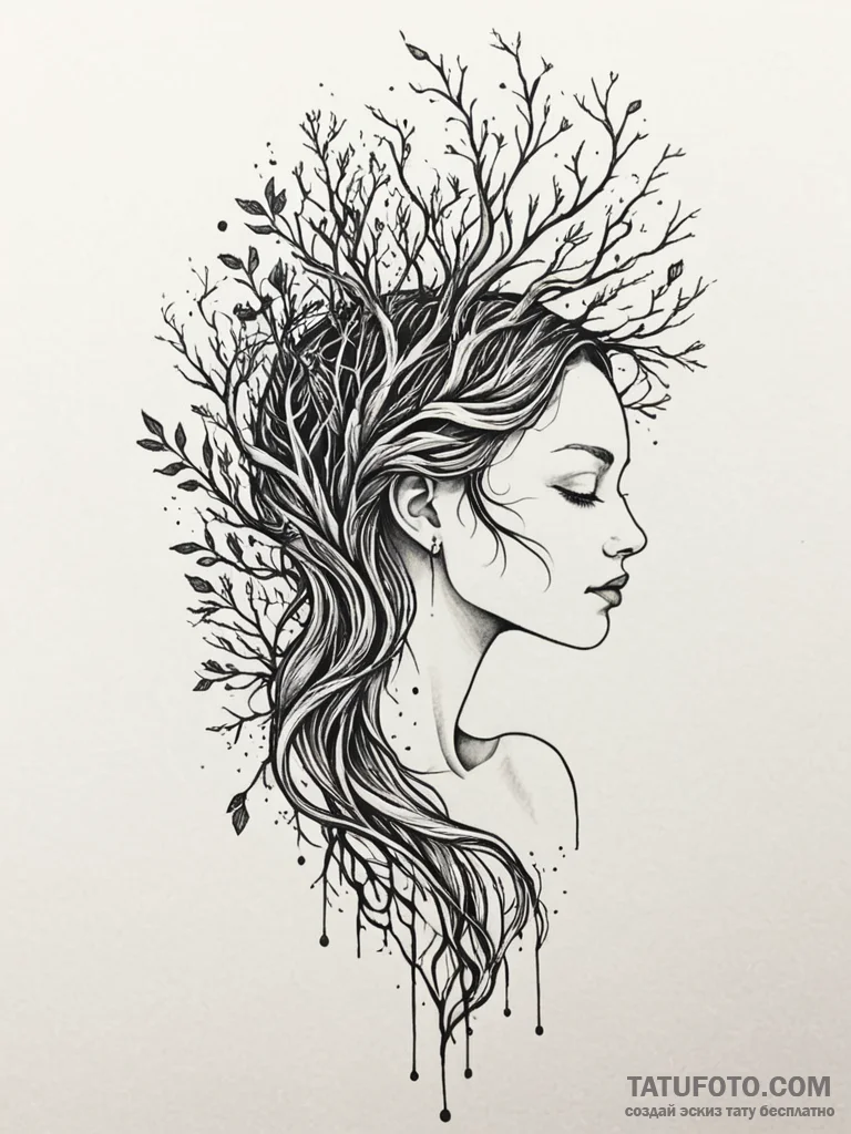 Tattoo sketch: a combination of a woman's sil... - эскиз тату (№1751129297_0, 28.06.2025 16:48) — Tatufoto.com