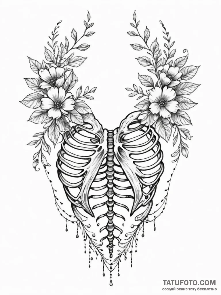 Tattoo sketch a ribcage adorned with delicate... - эскиз тату (№1751129721_0, 28.06.2025 16:55) — Tatufoto.com