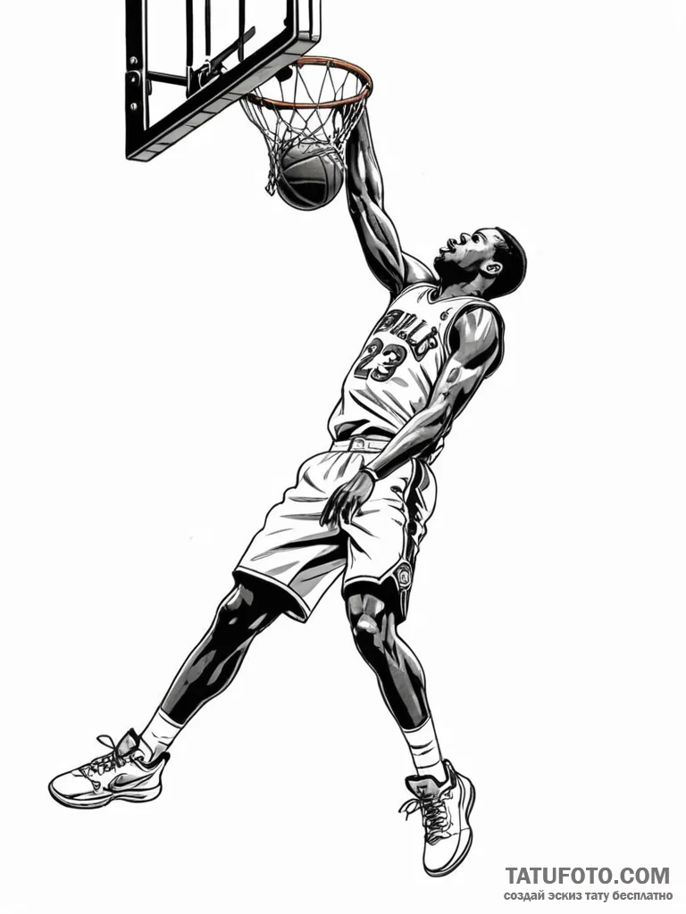 A low-angle shot of a basketball player dunki... - эскиз тату (№1751132267_0, 28.06.2025 17:37) — Tatufoto.com