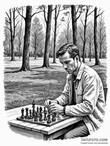 A person playing chess in a park, deeply conc... - эскиз тату (№1751134725_0, 28.06.2025 18:18) — Tatufoto.com