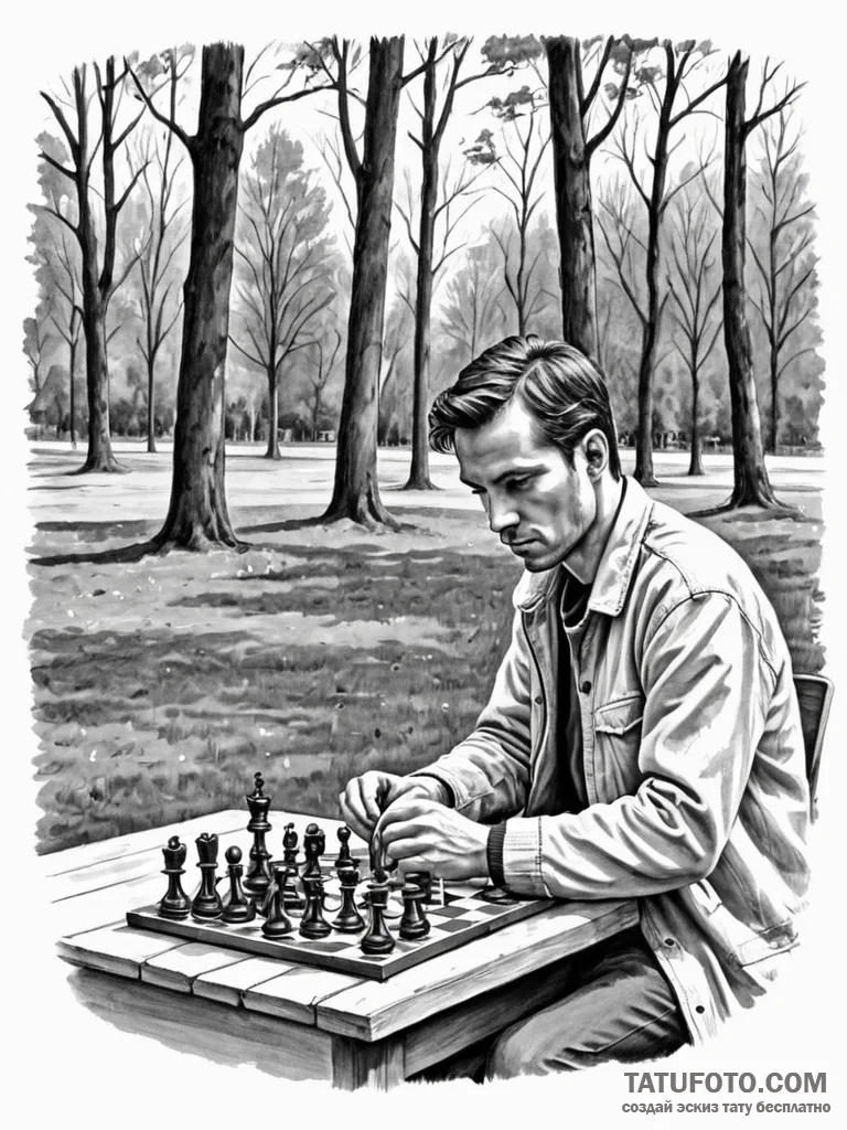 A person playing chess in a park, deeply conc... - эскиз тату (№1751134725_0, 28.06.2025 18:18) — Tatufoto.com