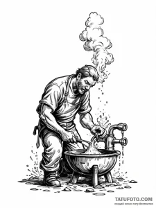 A blacksmith quenching a hot piece of metal i... - эскиз тату (№1751139000_0, 28.06.2025 19:30) — Tatufoto.com