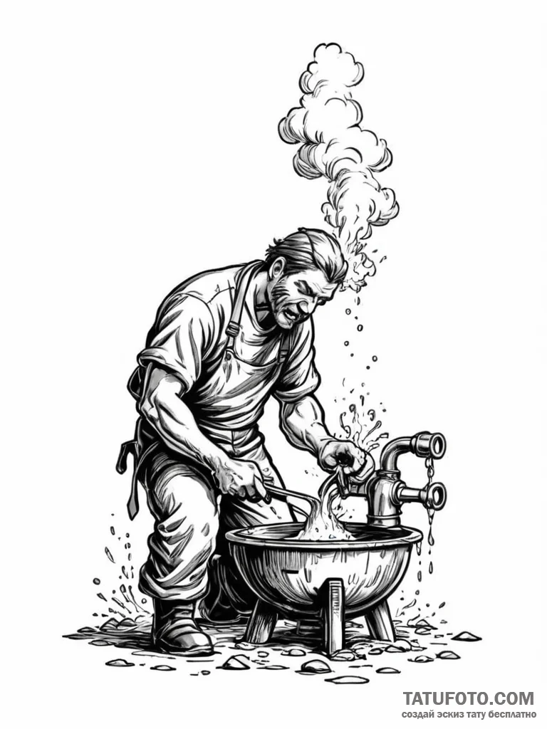 A blacksmith quenching a hot piece of metal i... - эскиз тату (№1751139000_0, 28.06.2025 19:30) — Tatufoto.com