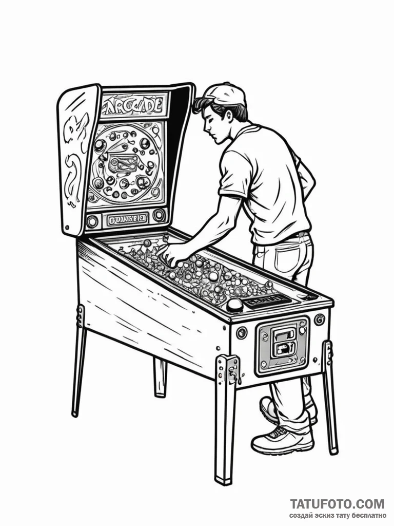 A person playing pinball in a retro arcade. - эскиз тату (№1751139383_0, 28.06.2025 19:36) — Tatufoto.com