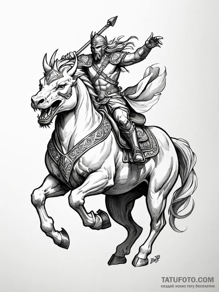 Tattoo sketch a mythical warrior riding a pow... - эскиз тату (№1751139551_0, 28.06.2025 19:39) — Tatufoto.com
