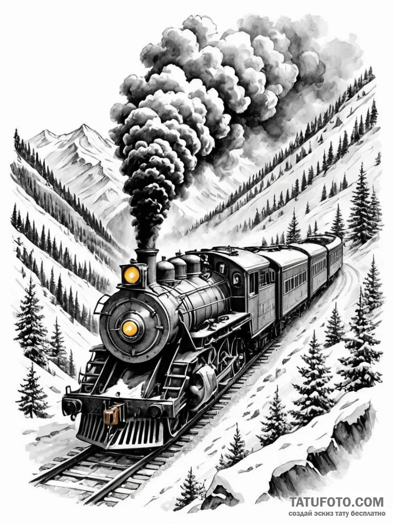 A powerful steam locomotive chugging through... - эскиз тату (№1751141560_0, 28.06.2025 20:12) — Tatufoto.com
