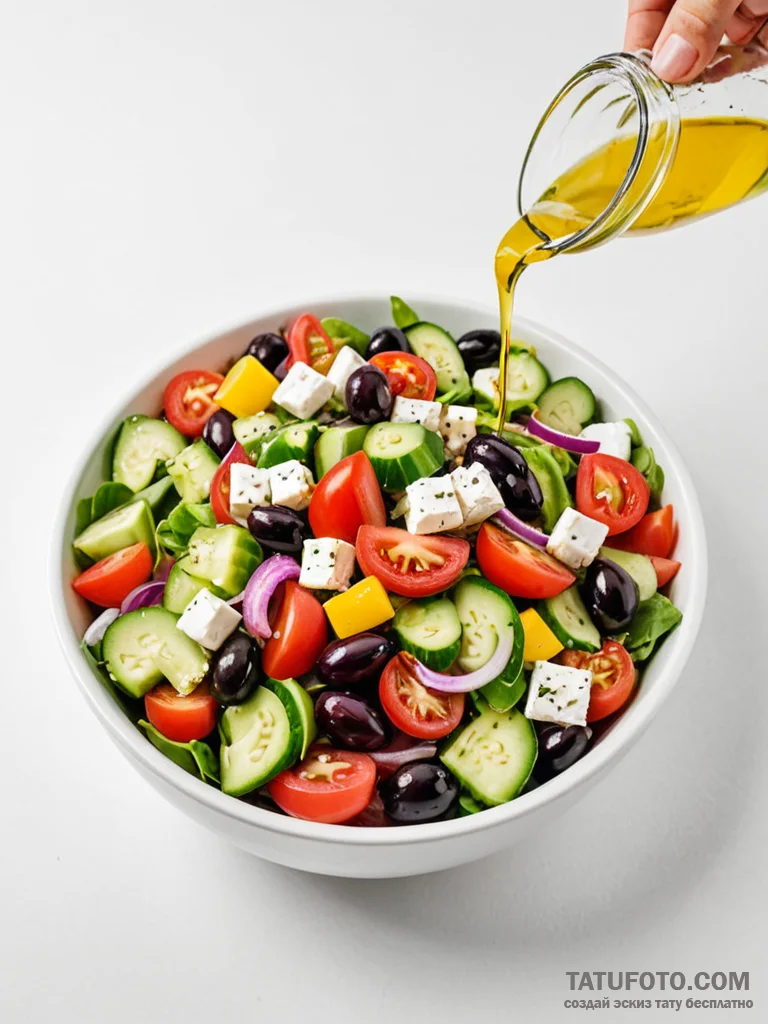A fresh, colorful greek salad in a white bowl... - эскиз тату (№1751141842_0, 28.06.2025 20:17) — Tatufoto.com