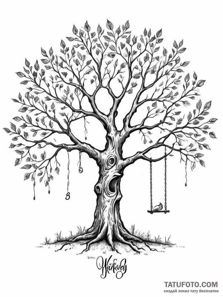 Tattoo sketch a single mighty tree with a swi... - эскиз тату (№1751142599_0, 28.06.2025 20:29) — Tatufoto.com