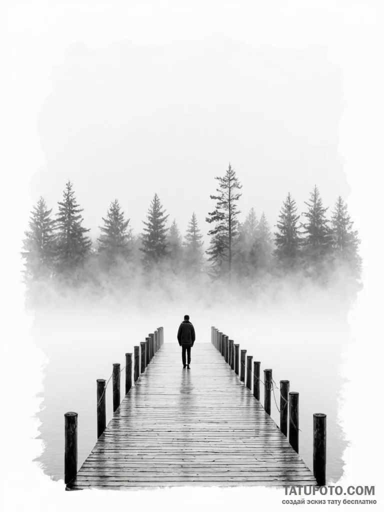 A lone figure standing at the end of a pier o... - эскиз тату (№1751142849_0, 28.06.2025 20:34) — Tatufoto.com