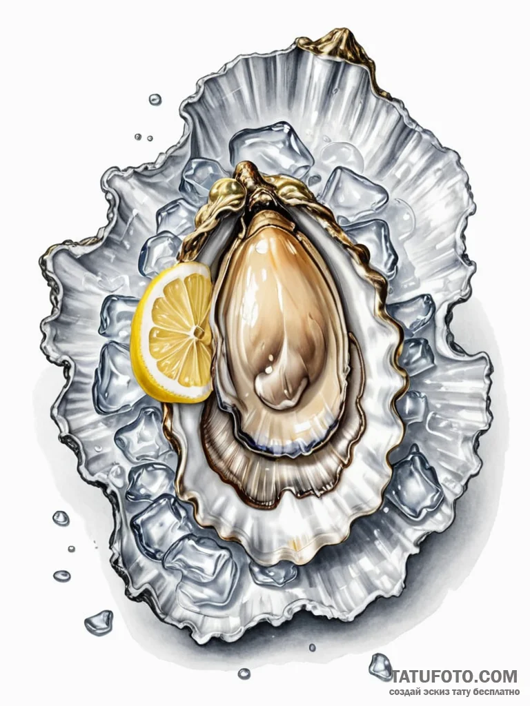 A hyperrealistic shot of a fresh oyster on a... - эскиз тату (№1751142921_0, 28.06.2025 20:35) — Tatufoto.com