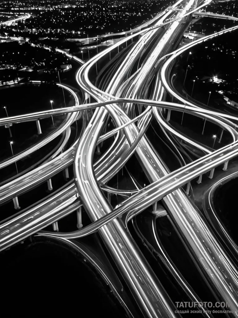 A long exposure shot of traffic on a major hi... - эскиз тату (№1751144579_0, 28.06.2025 21:02) — Tatufoto.com