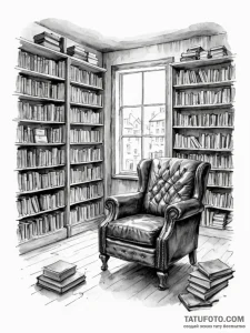 A quiet corner of a used bookstore, with over... - эскиз тату (№1751145353_0, 28.06.2025 21:15) — Tatufoto.com