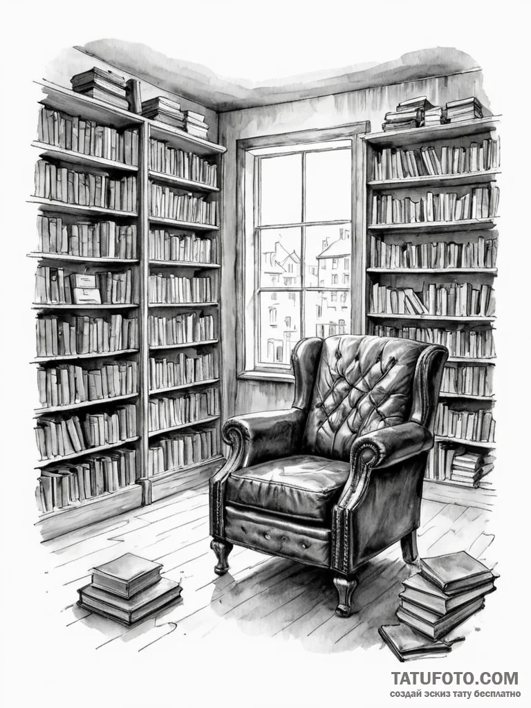 A quiet corner of a used bookstore, with over... - эскиз тату (№1751145353_0, 28.06.2025 21:15) — Tatufoto.com