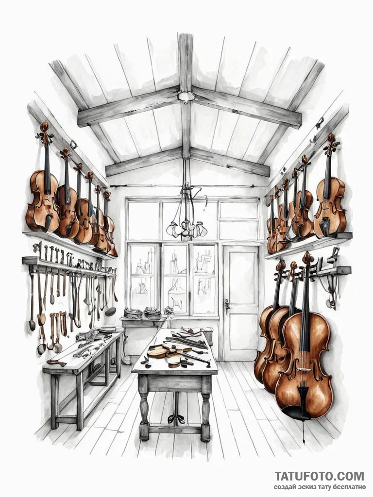 The inside of a luthier's workshop, with viol... - эскиз тату (№1751145636_0, 28.06.2025 21:20) — Tatufoto.com