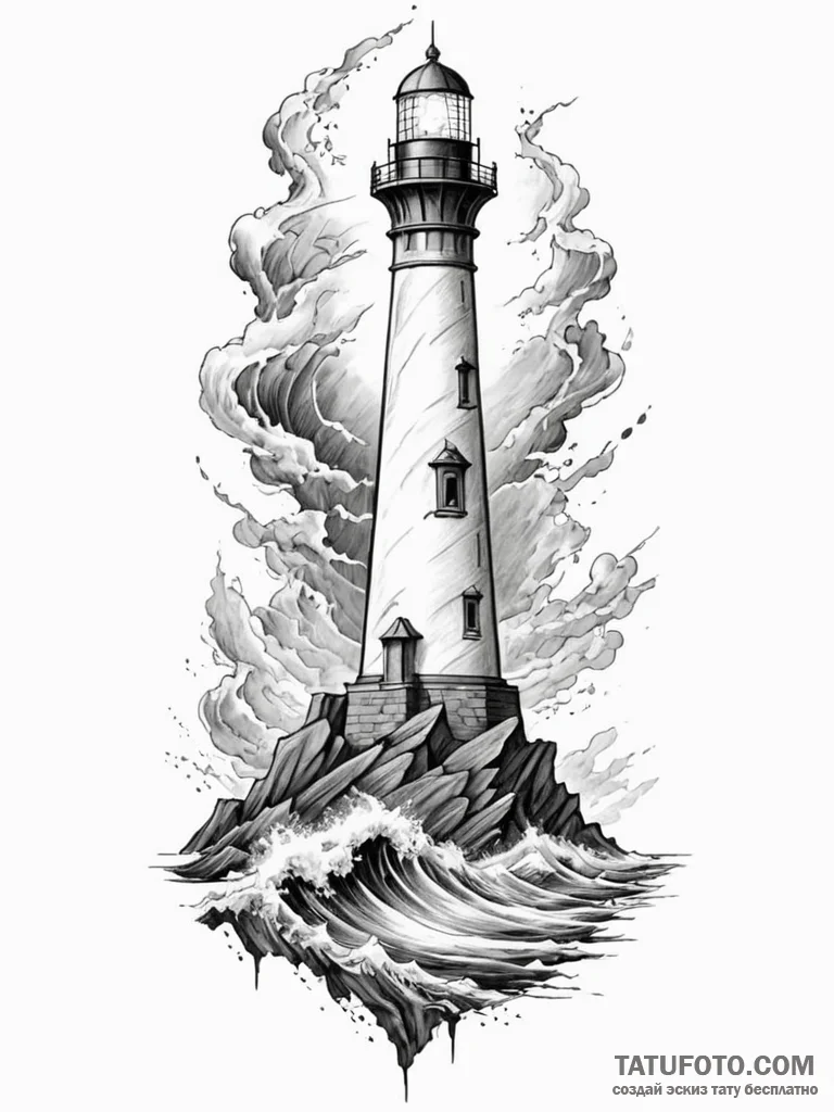 Tattoo sketch a lighthouse standing strong ag... - эскиз тату (№1751148240_0, 28.06.2025 22:04) — Tatufoto.com