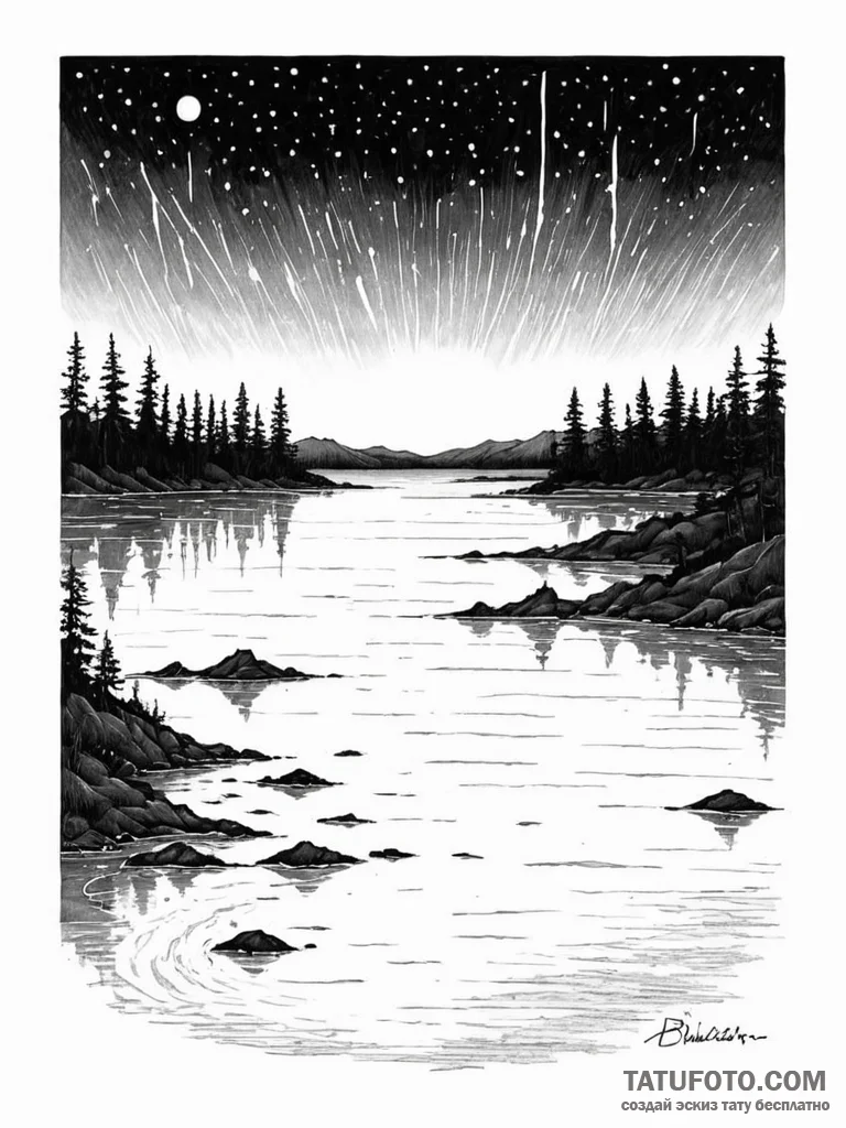 A shot of a bioluminescent bay at night, wate... - эскиз тату (№1751149208_0, 28.06.2025 22:20) — Tatufoto.com