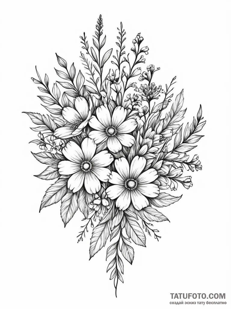 Tattoo design a cluster of wildflowers, each... - эскиз тату (№1751151568_0, 28.06.2025 22:59) — Tatufoto.com
