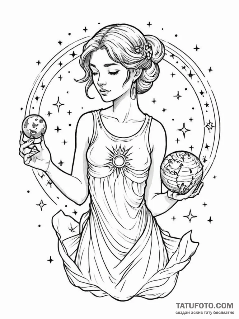Tattoo design a virgo maiden holding a celest... - эскиз тату (№1751154304_0, 28.06.2025 23:45) — Tatufoto.com
