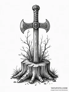 Tattoo sketch a warrior's axe embedded in a t... - эскиз тату (№1751155045_0, 28.06.2025 23:57) — Tatufoto.com