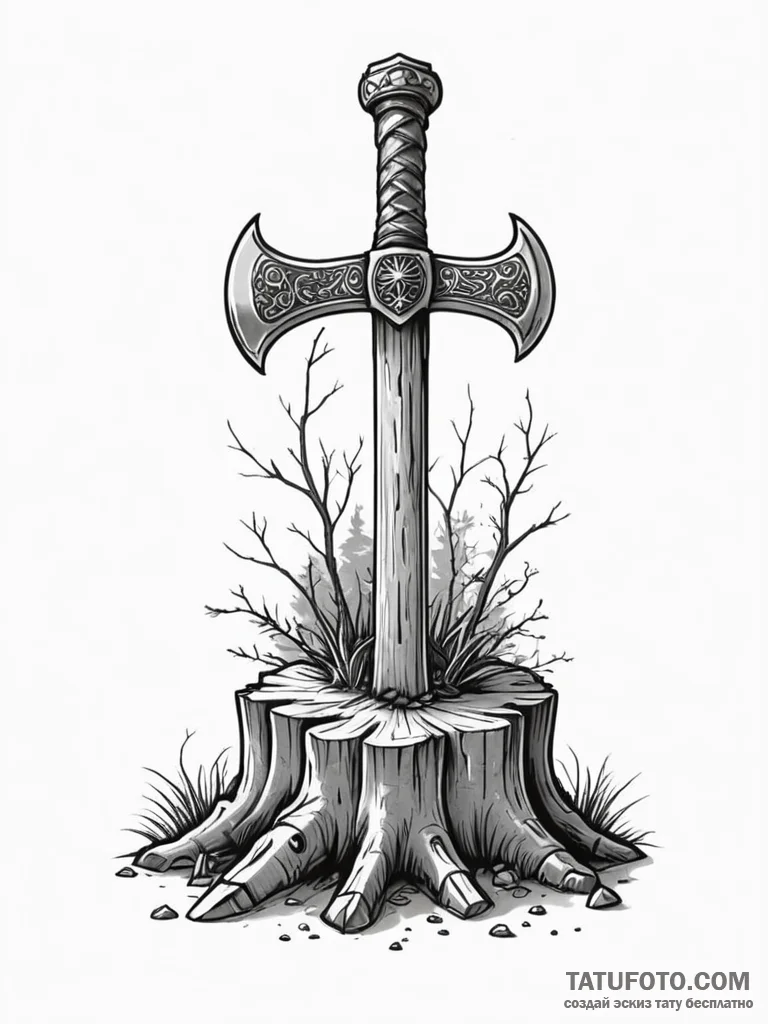 Tattoo sketch a warrior's axe embedded in a t... - эскиз тату (№1751155045_0, 28.06.2025 23:57) — Tatufoto.com