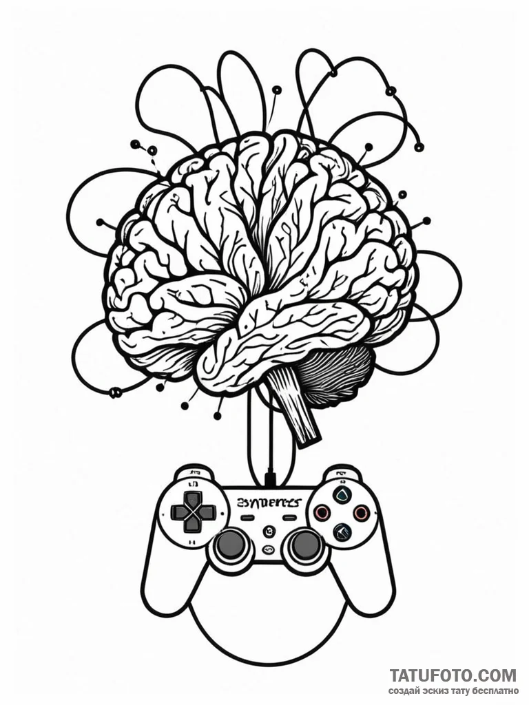 Tattoo design a brain connected to a game con... - эскиз тату (№1751159031_0, 29.06.2025 01:03) — Tatufoto.com