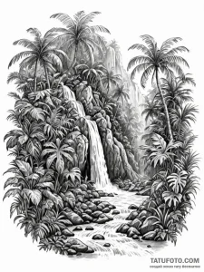 A hidden waterfall cascading into a lush, tro... - эскиз тату (№1751159545_0, 29.06.2025 01:12) — Tatufoto.com