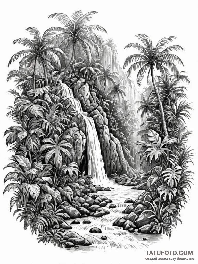 A hidden waterfall cascading into a lush, tro... - эскиз тату (№1751159545_0, 29.06.2025 01:12) — Tatufoto.com