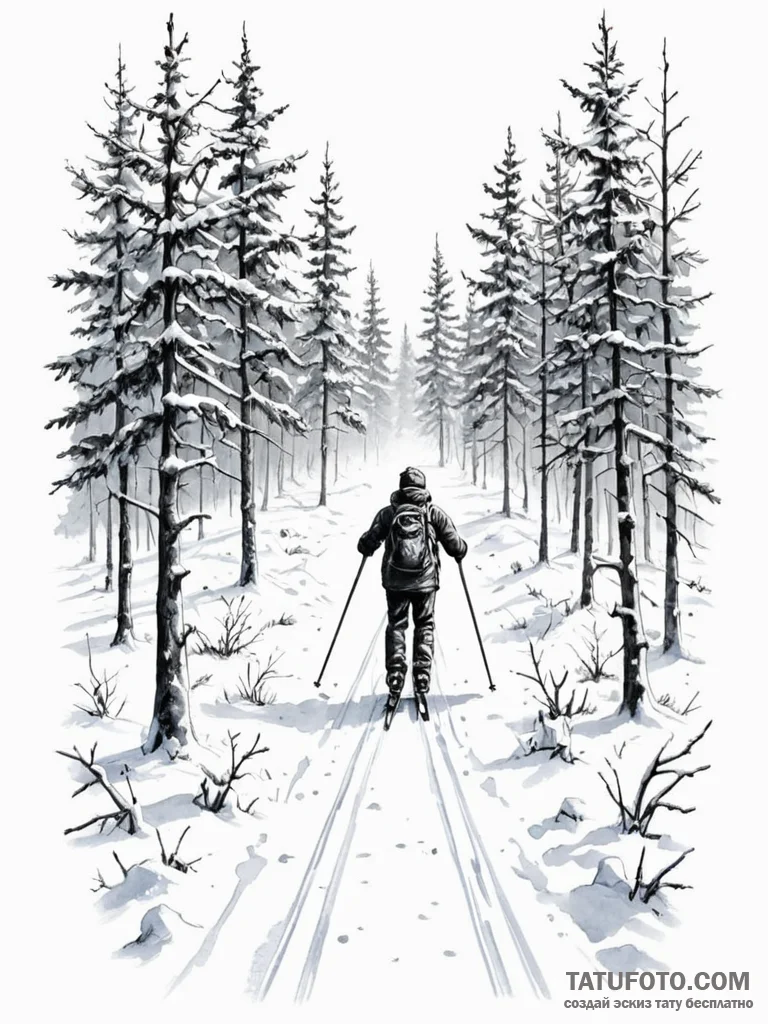 A person cross-country skiing through a silen... - эскиз тату (№1751161380_0, 29.06.2025 01:43) — Tatufoto.com
