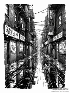 Tattoo sketch a cyberpunk alleyway with neon... - эскиз тату (№1751162726_0, 29.06.2025 02:05) — Tatufoto.com