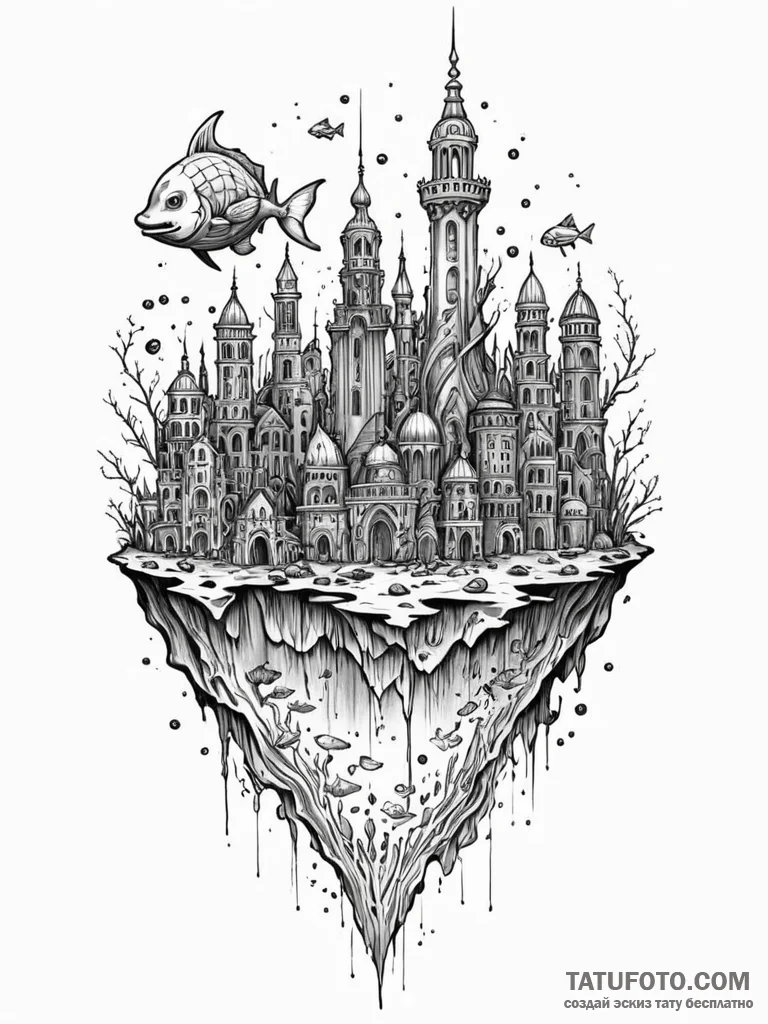 Tattoo sketch an underwater city with glowing... - эскиз тату (№1751163990_0, 29.06.2025 02:26) — Tatufoto.com